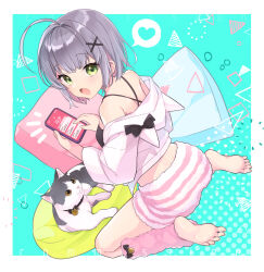 Rule 34 | 1girl, ahoge, aqua background, armpit crease, bare shoulders, border, breasts, cat, cellphone, colored inner hair, commission, cropped jacket, dutch angle, feet, from behind, full body, grey hair, hair ornament, hands up, highres, holding, hood, hood down, hooded jacket, indie virtual youtuber, jacket, leg warmers, long sleeves, looking back, medium hair, momoyama momo, multicolored hair, off shoulder, on ground, open mouth, phone, pink hair, pink jacket, pink leg warmers, pink shorts, shorts, sidelocks, sitting, skeb commission, small breasts, smartphone, soles, solo, striped clothes, striped shorts, wariza, white border, white shorts, x hair ornament