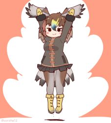 1girl arms_up bird_girl bird_tail bird_wings boots brown_hair coroha feathered_wings full_body gloves golden_eagle_(kemono_friends) head_wings jacket jumping kemono_friends kemono_friends_3 looking_at_viewer pantyhose pink_background short_hair simple_background skirt solo tail wings