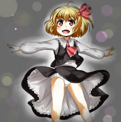 Rule 34 | 1girl, ahoge, ascot, blonde hair, blush, child, clothes lift, fang, female focus, hair ribbon, heart, heart-shaped pupils, highres, mepikari, open mouth, outstretched arms, panties, red eyes, ribbon, rumia, shirt, short hair, skirt, skirt lift, skirt set, solo, spread arms, symbol-shaped pupils, touhou, underwear, upskirt, vest, white panties