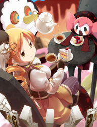 Rule 34 | 10s, 1girl, :o, arm warmers, beret, blonde hair, boots, bow, cake, cake slice, chair, charlotte (madoka magica), corset, creature, cup, drill hair, dual persona, eating, fingerless gloves, food, fork, from above, fruit, gloves, gun, hair ornament, hands in opposite sleeves, hat, highres, kouzu shou, looking at viewer, looking up, magical girl, magical musket, mahou shoujo madoka magica, mahou shoujo madoka magica (anime), official style, open mouth, pleated skirt, pouring, ribbon, sitting, skirt, smile, strawberry, strawberry shortcake, striped clothes, striped thighhighs, table, tea, teacup, teapot, thighhighs, tomoe mami, twin drills, twintails, vertical-striped clothes, vertical-striped thighhighs, weapon, yellow eyes