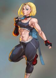 Rule 34 | 1girl, abs, antenna hair, asymmetrical gloves, black gloves, black pants, black sports bra, blonde hair, blue eyes, blue jacket, boots, breasts, cammy white, cleavage, commentary, dlusionalx, english commentary, facial scar, fingerless gloves, gloves, grey background, highres, jacket, jacket over shoulder, unworn jacket, lips, medium breasts, midriff, mismatched gloves, muscular, muscular female, navel, pants, pendant choker, red footwear, scar, scar on cheek, scar on face, short hair, single vambrace, skin tight, solo, sports bra, standing, standing on one leg, street fighter, street fighter 6, thick thighs, thighs, vambraces, yoga pants