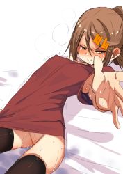 Rule 34 | 1girl, absurdres, black thighhighs, blush, bottomless, brown eyes, brown hair, closed mouth, covered erect nipples, fu-ta, hair ornament, highres, long hair, looking at viewer, lying, original, ponytail, solo, sweat, sweatdrop, thighhighs, usami taiga