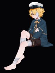 Rule 34 | 1boy, absurdres, axescr, bandage over one eye, bandaged leg, bandages, barefoot, between legs, black background, black shorts, blonde hair, blue capelet, blue jacket, capelet, child, closed mouth, commentary, english commentary, hand between legs, hand on own arm, hat, highres, jacket, looking at viewer, male focus, oliver (vocaloid), ribbon, sailor hat, shirt, short hair, shorts, simple background, solo, tears, vocaloid, white shirt, yellow eyes, yellow ribbon
