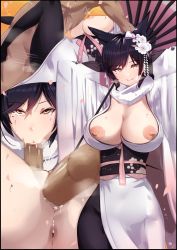 Rule 34 | 1boy, 1girl, :&gt;=, agovitch, animal ears, anus, atago (azur lane), atago (hallmarks of winter) (azur lane), azur lane, bad id, bad pixiv id, belly-to-belly, black hair, black legwear, breasts, brown eyes, censored, cleavage, clothed female nude male, clothed sex, cum, cum in pussy, curvy, fellatio, flower, hair flower, hair ornament, hetero, huge breasts, japanese clothes, kimono, long hair, looking at viewer, missionary, mole, mole under eye, mosaic censoring, multiple views, nipples, no bra, nude, obi, oil-paper umbrella, oral, penis, pussy, sash, sequential, sex, smile, solo focus, spread legs, sweat, testicles, umbrella, vaginal, wide sleeves