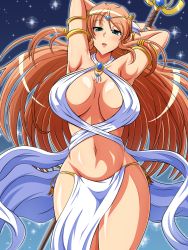 Rule 34 | 1girl, aokura shou, armlet, armpits, arms behind head, arms up, blush, breasts, brown hair, curvy, green eyes, hair ornament, highres, large breasts, long hair, looking at viewer, navel, open mouth, original, parted lips, solo, staff, standing, wide hips
