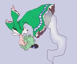 Rule 34 | 1girl, black eyes, blue background, dress, ghost tail, green dress, green hair, hat, looking at viewer, motsuni (artist), outstretched arms, purple background, short hair, simple background, soga no tojiko, solo, tate eboshi, touhou, upside-down, wide sleeves