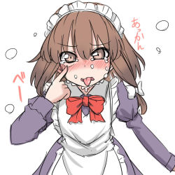 Rule 34 | 1girl, :p, akanbe, apron, blush, bow, brown eyes, brown hair, crying, crying with eyes open, eyelid pull, face, female focus, hair ribbon, maid, maid apron, maid headdress, ribbon, solo, tears, tongue, tongue out, tori (minamopa), touhou, translation request, usami renko