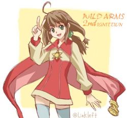 Rule 34 | 1girl, ahoge, breasts, brown hair, cape, coat, commentary request, copyright name, cowboy shot, dress, green eyes, hair ornament, hairband, hexagram, jewelry, lilka eleniak, link (aa30), long hair, long sleeves, looking at viewer, low-tied long hair, lowres, open mouth, outside border, pendant, red cape, short dress, sidelocks, simple background, skirt, small breasts, smile, solo, star of david, thighhighs, v, wild arms, wild arms 2, yellow background