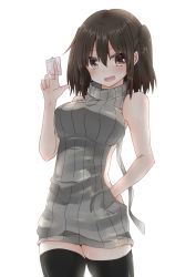 Rule 34 | 10s, 1girl, backless dress, backless outfit, bare shoulders, between fingers, black thighhighs, blush, breasts, brown eyes, brown hair, condom, cowboy shot, dress, grey sweater, hair between eyes, halterneck, holding, holding condom, izumo ayuka, kantai collection, large breasts, looking at viewer, meme attire, open mouth, ribbed sweater, sendai (kancolle), simple background, smile, solo, sweat, sweater, sweater dress, thighhighs, turtleneck, turtleneck sweater, two side up, virgin killer sweater, white background