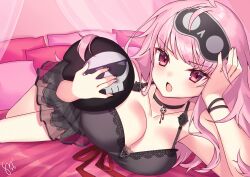 Rule 34 | 1girl, bed sheet, black bracelet, black choker, black nightgown, blush, breasts, choker, cleavage, collarbone, death-sensei (mori calliope), highres, hololive, hololive english, large breasts, long hair, looking at viewer, messy hair, mori calliope, mori calliope (sleepwear), nightgown, official alternate costume, open mouth, pillow, pink background, pink eyes, pink hair, sleep mask, v-shaped eyebrows, virtual youtuber, watashishi
