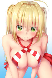 Rule 34 | &gt;:), 1girl, ahoge, all fours, bikini, blonde hair, blush, breasts, eyes visible through hair, fate/grand order, fate (series), green eyes, hair intakes, halterneck, large breasts, long hair, looking at viewer, nero claudius (fate), nero claudius (fate) (all), nero claudius (swimsuit caster) (fate), nose blush, side-tie bikini bottom, smile, solo, striped bikini, striped clothes, swimsuit, tapisuke, twintails, v-shaped eyebrows, very long hair