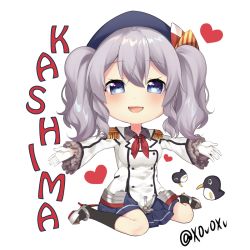 Rule 34 | 10s, 1girl, :d, bad id, bad pixiv id, beret, black socks, blouse, blue eyes, blue hat, character name, chibi, collared shirt, failure penguin, frilled sleeves, frills, full body, gloves, grey shirt, hair between eyes, hat, kantai collection, kashima (kancolle), kneehighs, military, military uniform, miyakura shiiha, open mouth, shirt, silver hair, simple background, sitting, smile, socks, solo, twintails, twitter username, uniform, wavy hair, white background, white gloves