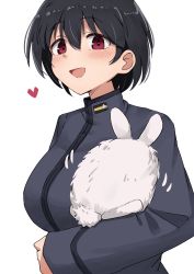 Rule 34 | 1girl, :d, black hair, blush, brave witches, breasts, emu 1316, heart, heart-shaped pupils, highres, holding, large breasts, long sleeves, open mouth, red eyes, shimohara sadako, short hair, simple background, smile, solo, symbol-shaped pupils, uniform, upper body, white background, world witches series