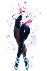 Rule 34 | 1girl, animal ears, armband, black bodysuit, black choker, black thighhighs, blush, bodysuit, breasts, cat ears, cat girl, cat tail, choker, facial mark, glass shoe, hand on own hip, highres, hood, large breasts, looking at viewer, marvel, piercing, skin tight, smile, spider-gwen, spider-man: into the spider-verse, spider-man (series), spider-verse, tail, thick thighs, thighhighs, thighs, usa37107692, whisker markings, white bodysuit, white eyes, wide hips