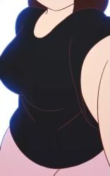 1girl animated black_shirt bouncing_breasts breasts brown_hair clothes_lift curvy head_out_of_frame jewelry large_breasts long_hair mike_inel navel nipples original pants ring shirt shirt_lift smile thighs video wedding_band wide_hips yoga_pants