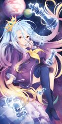 Rule 34 | 1girl, black thighhighs, chess piece, commentary request, dress, full body, hair between eyes, highres, knight (chess), long hair, neckerchief, no game no life, pawn (chess), pink dress, planet, rook (chess), shiro (no game no life), silverbin, solo, sparkle, star (symbol), thighhighs, very long hair, white hair, yellow neckerchief