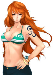 Rule 34 | 10s, 1girl, 2013, aira saunar, bangle, bikini, bikini top only, bracelet, breasts, brown eyes, cleavage, jewelry, large breasts, log pose, long hair, nami (one piece), navel, one piece, orange hair, simple background, solo, swimsuit, tattoo, white background
