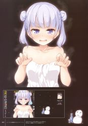 Rule 34 | &gt;:d, 10s, 1girl, :d, absurdres, alternate hairstyle, bare shoulders, breasts, choko (cup), collarbone, copyright name, cup, highres, looking at viewer, naked towel, new game!, open mouth, purple eyes, short hair, silver hair, small breasts, smile, snowflakes, snowman, solo, suzukaze aoba, tokkuri, tokunou shoutarou, towel, twintails, upper body, v-shaped eyebrows, white towel