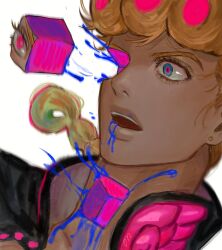 Rule 34 | 1boy, black jacket, blonde hair, blue eyes, braid, braided ponytail, collared jacket, cube, curly hair, ear piercing, giorno giovanna, highres, jacket, jojo no kimyou na bouken, long hair, looking away, male focus, on0n, open mouth, piercing, portrait, simple background, solo, vento aureo, white background