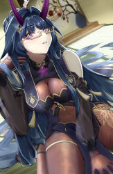 Rule 34 | 1girl, bespectacled, black bodysuit, blue hair, bodysuit, breasts, check commentary, chinese commentary, cleavage, commentary request, eyebrows hidden by hair, eyeshadow, fuji4o, glasses, highres, honkai (series), honkai impact 3rd, horns, large breasts, long hair, makeup, official alternate costume, oni horns, purple eyes, purple horns, raiden mei, raiden mei (herrscher of thunder), very long hair