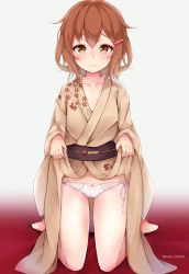 Rule 34 | 10s, 1girl, alternate costume, barefoot, bow, bow panties, brown kimono, clothes lift, colis (regunm772), collarbone, commentary request, flat chest, full body, gluteal fold, gradient background, hair ornament, hairclip, highres, ikazuchi (kancolle), japanese clothes, jewelry, kantai collection, kimono, kimono lift, kneeling, lifting own clothes, light frown, lingerie, long sleeves, looking at viewer, orange eyes, orange hair, panties, petals, raised eyebrows, ribbon, ring, sash, shiny skin, short hair, side-tie panties, solo, twitter username, underwear, wedding band, white bow, white panties, white ribbon, wide sleeves