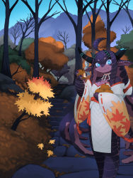 Rule 34 | + +, :t, autumn leaves, broken horn, choker, claws, colored skin, detached sleeves, dragon girl, dragon horns, dress, eating, food, fruit, furry, highres, holding, holding food, horns, kamukamu6392, looking at viewer, mountain, original, outdoors, purple skin, scales, strapless, strapless dress, tentacle hair, tree