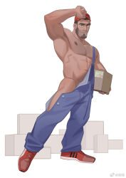 Rule 34 | 1boy, abs, adjusting clothes, adjusting headwear, arm up, armpits, bara, bare pectorals, baseball cap, beard, carrying, carrying under arm, carton, chest hair, facial hair, full body, goatee, hat, large pectorals, male focus, mature male, muscular, muscular male, naked overalls, navel, navel hair, nipples, original, overalls, package, partially unbuttoned, pectorals, pubic hair, pubic hair peek, shoes, short hair, smile, solo, stomach, thick eyebrows