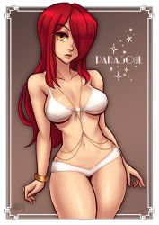 Rule 34 | 1girl, belly chain, bikini, bracelet, breasts, brown background, character name, commentary, commission, cowboy shot, english commentary, eyeshadow, hair over one eye, iahfy, jewelry, lips, long hair, makeup, medium breasts, navel, parasoul (skullgirls), red hair, shiny skin, skullgirls, solo, swimsuit, underboob, white bikini, yellow eyes
