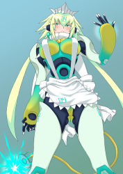 Rule 34 | 1girl, android, apron, aqua eyes, arm behind back, bombergirl, bow, bowtie, breasts, cable, cable tail, closed mouth, colored eyelashes, covered erect nipples, electricity, emera (bombergirl), eyelashes, eyes visible through hair, frown, gluteal fold, gradient background, hair between eyes, hair bobbles, hair ornament, hand up, highres, joints, light green hair, long hair, low twintails, maid apron, mechanical tail, medium breasts, pansy orchid, robot joints, solo, split mouth, tail, twintails, very long hair, waist apron, white apron, yellow bow, yellow bowtie, yellow tail