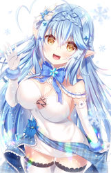 Rule 34 | 1girl, arm up, blue bow, blue bowtie, blue hair, blush, bow, bowtie, braid, breasts, cleavage, commentary request, detached collar, dress, elbow gloves, elf, flower, french braid, gloves, hair between eyes, hair flower, hair ornament, half updo, heart, heart hair ornament, highres, hololive, ko yu, light particles, long hair, looking at viewer, medium breasts, open mouth, pointy ears, sidelocks, simple background, sleeveless, sleeveless dress, snowflakes, solo, strapless, strapless dress, thighhighs, virtual youtuber, white background, white dress, white gloves, white thighhighs, yellow eyes, yukihana lamy, zettai ryouiki