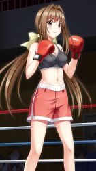Rule 34 | 1girl, audience, black bra, bow, boxing gloves, boxing ring, boxing shorts, bra, breasts, brown hair, cleavage, closed mouth, doukyuusei another world, floating hair, game cg, hair bow, hair intakes, indoors, kakyuusei 2, long hair, medium breasts, midriff, navel, official art, red eyes, red shorts, saimon tamaki, short shorts, shorts, smile, solo focus, sports bra, standing, stomach, underwear, very long hair, yellow bow
