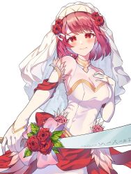 Rule 34 | 1girl, absurdres, bay skecth, breasts, bridal gauntlets, bridal veil, bride, collared halterneck, commission, commissioner upload, dress, feather-trimmed sleeves, fire emblem, fire emblem engage, fire emblem heroes, flower, gold choker, gold trim, hairband, highres, holding, holding sword, holding weapon, lapis (fire emblem), lapis (mighty bride) (fire emblem), looking at viewer, medium breasts, medium hair, nintendo, official alternate costume, pink eyes, pink hair, red flower, red rose, rose, smile, solo, sword, two-tone hairband, veil, weapon, wedding dress, white bridal gauntlets, white hairband, yellow hairband