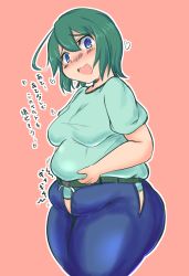 Rule 34 | ass, belly, belly grab, belt, big belly, blush, breasts, bursting belly, fat, fat rolls, huge ass, medium breasts, midriff peek, muffin top, nengorogoro, open mouth, plump, short hair, solo, sweat, thick thighs, thighs, torn clothes, undersized clothes