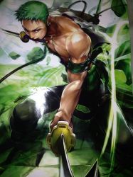 Rule 34 | 1boy, dual wielding, earrings, green hair, haramaki, holding, male focus, mouth hold, muscular, one piece, roronoa zoro, topless male, solo, sword, weapon