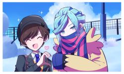 Rule 34 | 2boys, ^^^, ^ ^, aqua eyes, black headwear, black jacket, blue hair, blue mittens, blue necktie, blue scarf, blue sky, border, brown coat, brown hair, closed eyes, coat, collared shirt, commentary request, covered mouth, creatures (company), day, florian (pokemon), frills, game freak, grusha (pokemon), hand up, hat, heart, heart hands failure, highres, jacket, lapels, long sleeves, looking at viewer, male focus, mittens, motiumai, multiple boys, necktie, nintendo, open mouth, outdoors, pink scarf, pokemon, pokemon sv, scarf, scarf over mouth, shirt, short hair, sky, smile, snow, sparkle, striped clothes, striped scarf, thumbs up, tsurime, upper body, utility pole, v-shaped eyebrows, white border, white shirt, winter, winter clothes, yaoi
