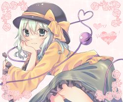 Rule 34 | 1girl, floral print, flower, hair between eyes, hand on own cheek, hand on own face, hand up, hat, hayu (hayu e), heart, heart of string, komeiji koishi, light smile, long sleeves, looking at viewer, rose, shirt, skirt, solo, third eye, touhou, wide sleeves, yellow shirt