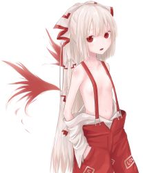 Rule 34 | 1girl, bow, breasts, censored, clothes around waist, convenient censoring, fang, female focus, fire, fire, flat chest, fujiwara no mokou, hair bow, hair ribbon, hands in pockets, highres, long hair, looking at viewer, naked suspenders, navel, off shoulder, open mouth, pants, red eyes, revealing clothes, ribbon, shirt, shirt around waist, silver hair, solo, suspenders, topless, touhou, wings, yukima (yushika)