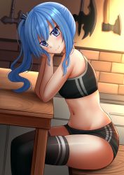Rule 34 | 1girl, axe, bare shoulders, black bow, black buruma, black thighhighs, blue eyes, blue hair, blush, bow, brick wall, buruma, closed mouth, commentary, crop top, feet out of frame, hair between eyes, hair bow, hands up, highres, hololive, hoshimachi suisei, indoors, kazenokaze, long hair, looking at viewer, navel, side ponytail, sitting, skindentation, smile, solo, star (symbol), star in eye, striped, striped bow, symbol in eye, table, thighhighs, virtual youtuber