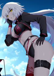 Rule 34 | 1girl, :o, ahoge, ashino moto, bikini, black bikini, black gloves, blue sky, cloud, commentary request, cropped jacket, day, fate/grand order, fate (series), gloves, hand on own hip, highres, jeanne d&#039;arc alter (fate), jeanne d&#039;arc alter (swimsuit berserker) (fate), long hair, navel, o-ring, open mouth, outdoors, sky, solo, stomach, swimsuit, thigh strap, very long hair, white hair, yellow eyes