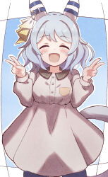Rule 34 | 1girl, :d, ^ ^, absurdres, animal ears, black pants, blue background, blue hair, blush, breasts, closed eyes, collared dress, commentary request, double v, dress, facing viewer, grey dress, hands up, highres, hishi miracle (umamusume), horse ears, horse girl, horse tail, long sleeves, medium breasts, open mouth, pants, pleated dress, puffy long sleeves, puffy sleeves, smile, solo, sunanuko (ramuneko), tail, two-tone background, umamusume, v, white background