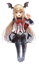 Rule 34 | 1girl, :d, alternate eye color, arm support, bat wings, black capelet, black pantyhose, black skirt, blonde hair, brooch, capelet, collared shirt, fangs, flower, frilled skirt, frills, full body, granblue fantasy, hair between eyes, head wings, highres, jewelry, layered skirt, lhu (barappra1), long hair, long sleeves, looking at viewer, miniskirt, open mouth, pantyhose, pointy ears, red flower, red rose, rose, shingeki no bahamut, shiny clothes, shirt, sitting, skirt, smile, solo, vampire, vampy, white shirt, wings, yellow eyes