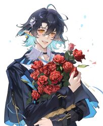 Rule 34 | 1boy, absurdres, ahoge, arknights, bishounen, black hair, bouquet, chinese commentary, chuan04826, commentary, cowboy shot, ear piercing, flower, highres, holding, holding bouquet, infection monitor (arknights), lumen (arknights), male focus, neckerchief, orange eyes, piercing, pointy ears, red flower, red rose, rose, short hair, simple background, smile, solo, white background