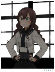 Rule 34 | 1girl, aqua eyes, belt, belt buckle, black belt, black sailor collar, black shirt, black skirt, blush, braid, brown hair, buckle, buttons, closed mouth, collared shirt, cropped jacket, hair between eyes, hands on own hips, jacket, kantai collection, kitsuneno denpachi, long hair, long sleeves, noshiro (kancolle), pleated skirt, sailor collar, shirt, skirt, smile, solo, twin braids, upper body, white jacket