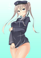 Rule 34 | 10s, 1girl, alternate costume, bad id, bad pixiv id, blue eyes, blush, breasts, clothes pull, dress, dress pull, graf zeppelin (kancolle), grey hair, hat, kankitsunabe (citrus), kantai collection, long hair, looking at viewer, panties, pantyshot, parted lips, sailor dress, sailor hat, solo, standing, twintails, underwear