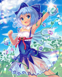 Rule 34 | 1girl, adapted costume, animal, arm up, armpits, ayane yui, bandeau, bare arms, bare shoulders, blue bow, blue dress, blue eyes, blue flower, blue hair, blue sky, blush, bow, breasts, cirno, clenched hand, cloud, commentary request, day, detached collar, dress, fang, feet out of frame, flower, frills, frog, frozen, frozen frog, hair between eyes, hair bow, hand up, highres, holding, holding animal, ice, ice wings, looking at viewer, open mouth, outdoors, plant, purple flower, red ribbon, ribbon, see-through, short hair, sky, small breasts, solo, sparkle, strap slip, sunflower, tan, tanned cirno, thighs, touhou, vines, wings