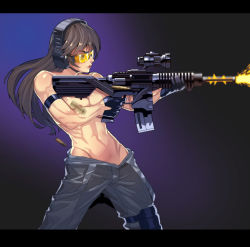Rule 34 | 1girl, abs, absurdres, arm strap, asymmetrical gloves, black hair, breasts, casing ejection, convenient censoring, earmuffs, fengmo, firing, gloves, gradient background, gun, half gloves, highres, holding, holding gun, holding weapon, letterboxed, lips, long hair, machine gun, medium breasts, motion blur, muzzle flash, nipples, original, oversized object, pants, profile, safety glasses, shell casing, solo, thigh strap, topless, uneven gloves, weapon, weapon request