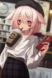 Rule 34 | 1girl, absurdres, akasha (syakoba), animal ears, belt, blurry, blurry background, cellphone, commission, cup, disposable cup, drinking, drinking straw, ears down, facial mark, hat, high-waist skirt, highres, long hair, long sleeves, looking at viewer, low ponytail, original, phone, pink hair, plaid, plaid skirt, red eyes, shirt, skeb commission, skirt, smartphone, solo, spanish text, squallea, white shirt, wolf ears, wolf girl