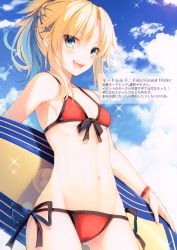 Rule 34 | 1girl, :d, absurdres, bikini, blonde hair, blue sky, blush, bracelet, braid, breasts, cloud, cloudy sky, collarbone, cowboy shot, day, diffraction spikes, fate/apocrypha, fate/grand order, fate (series), front-tie bikini top, front-tie top, gluteal fold, green eyes, groin, hair ornament, hair scrunchie, highres, holding, holding behind back, holding surfboard, jewelry, lens flare, long hair, looking at viewer, mordred (fate), mordred (fate) (all), mordred (fate/apocrypha), mordred (swimsuit rider) (fate), mordred (swimsuit rider) (first ascension) (fate), navel, open mouth, outdoors, ponytail, prydwen (fate), red bikini, red scrunchie, scan, scrunchie, side-tie bikini bottom, sky, small breasts, smile, solo, sparkle, standing, stomach, surfboard, swimsuit, teeth, toosaka asagi, underboob