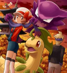 Rule 34 | 00s, 1boy, 1girl, architecture, autumn, back, bayleef, blonde hair, borrowed clothes, bow, brown eyes, brown hair, cloud, creatures (company), denim, east asian architecture, game freak, gen 1 pokemon, gen 2 pokemon, gym leader, hat, hat bow, hat ribbon, haunter, headband, looking at viewer, lyra (pokemon), morty (pokemon), nintendo, overalls, pokemoa, pokemon, pokemon (creature), pokemon hgss, purple scarf, red sky, ribbon, scarf, shorts, sky, sunset, thighhighs, tree, twintails, white thighhighs, yanma