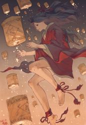 Rule 34 | 1girl, 2016, absurdres, ankle wrap, anklet, barefoot, black hair, dated, feet, floating, floating hair, gradient background, hair ribbon, hands up, highres, japanese clothes, jewelry, kimono, lantern, original, paper lantern, profile, ribbon, short kimono, signature, smirk, solo, texture, zennosuke